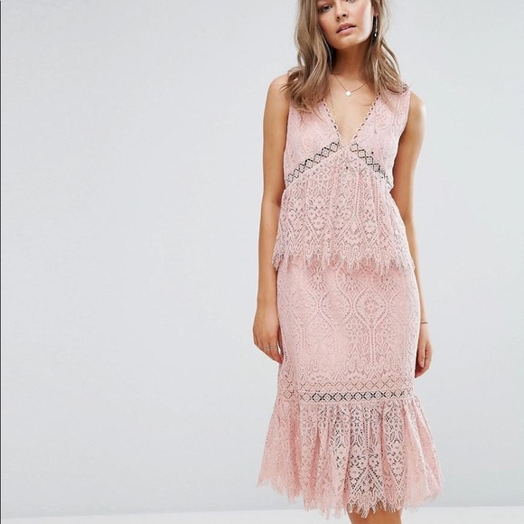 Foxiedox V Neck Lace Ruffle Midi Dress - Pink - Picture 2 of 6